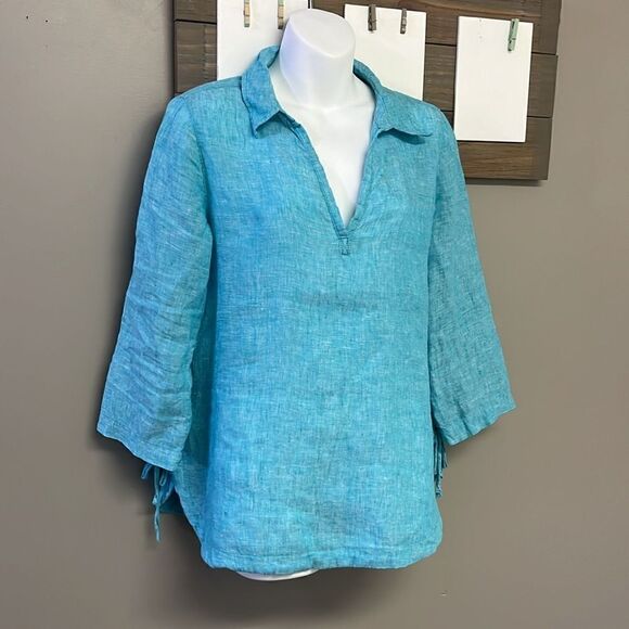 Isaac Mizrahi New York Turquoise V-Neck Linen Pullover Collared Shirt- Small - Picture 3 of 15